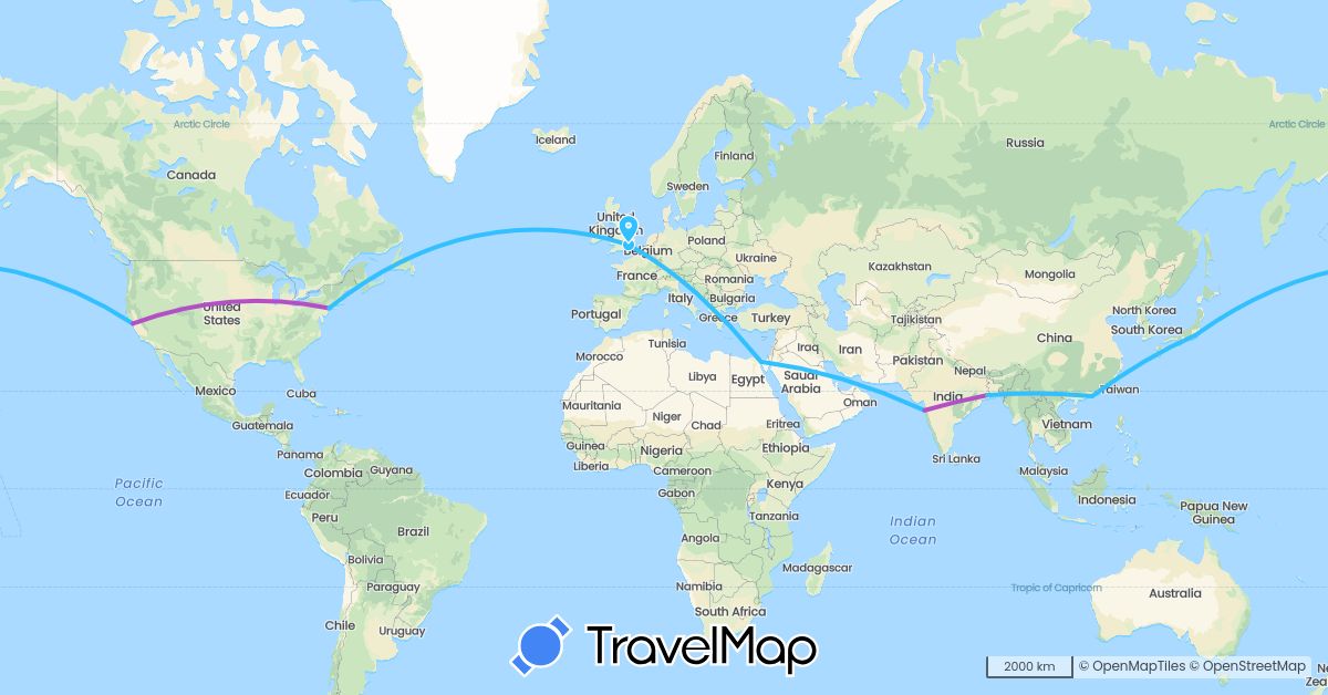 TravelMap itinerary: driving, train, boat in China, Egypt, United Kingdom, India, Japan, United States (Africa, Asia, Europe, North America)